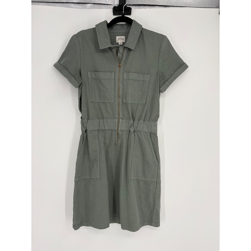 J.Crew Dress Womens 2 Green Utility Zip-Front Short Sleeve Twill‎ Safari Mini